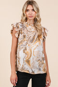 Mittoshop Satin Top Tan Abstract Print Ruffle Short Sleeve Blouse Tan dd21a9df-99da-4cdf-b7b7-8fa14bccc33f-Max Trendsi
