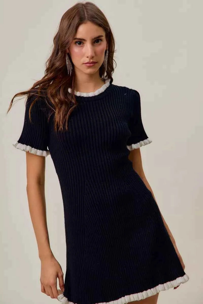 SO ME Contrast Ruffled Sweater Knit Mini Dress