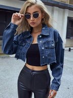 Denim Cropped Jacket Distressed Raw Hem Collared Neck Long Sleeve dd327ded-b4c2-42aa-8340-2c56a800dd0a-Max Trendsi
