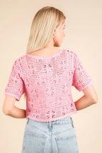 VERY J Crop Top Crochet Pink Front Tie Openwork Knit Short Sleeve dd47571c7ebf4d429f8eca41e053d01b-Max-Origin Trendsi