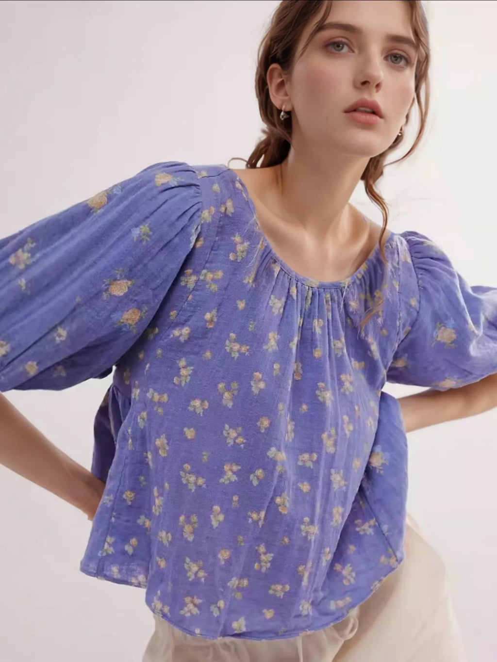 Women's Blouse Floral Puff Short Sleeve Bow Back Backless Top Violet dd523452-e4e7-425f-9f9c-0e565f090460-Max-Origin Trendsi