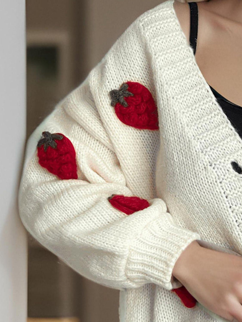 Crochet Cardigan Strawberry Embroidery V-Neck Long Sleeve Knitwear dd538045-53de-4aa3-abf2-66be85e9b5f1-Max Trendsi