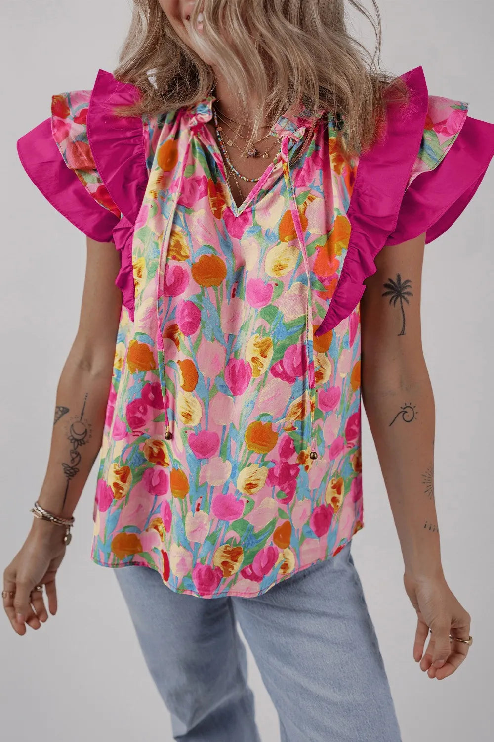 Women's Cotton Blouse Floral Hot Pink Ruffle Layered Short Sleeve Top dd5b14aa-d5e0-4e51-a93f-baebb59feffc-Max-Origin Trendsi