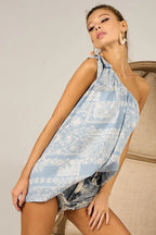 BiBi Top One Shoulder Tied Ribbon Blue Aztec Printed Woven Asymmetrical Blouse dd65595053a84a2fb1d024a49c728954-Max-Origin Trendsi