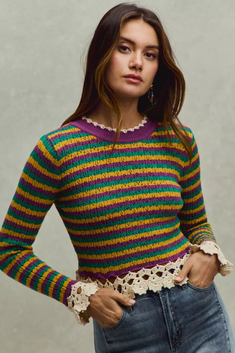 SO ME Mardi Gras Striped Cropped Knit Top with Crochet Edge dd67ea12ab0649fe8c61c41d96b61bf3-Max-Origin Trendsi