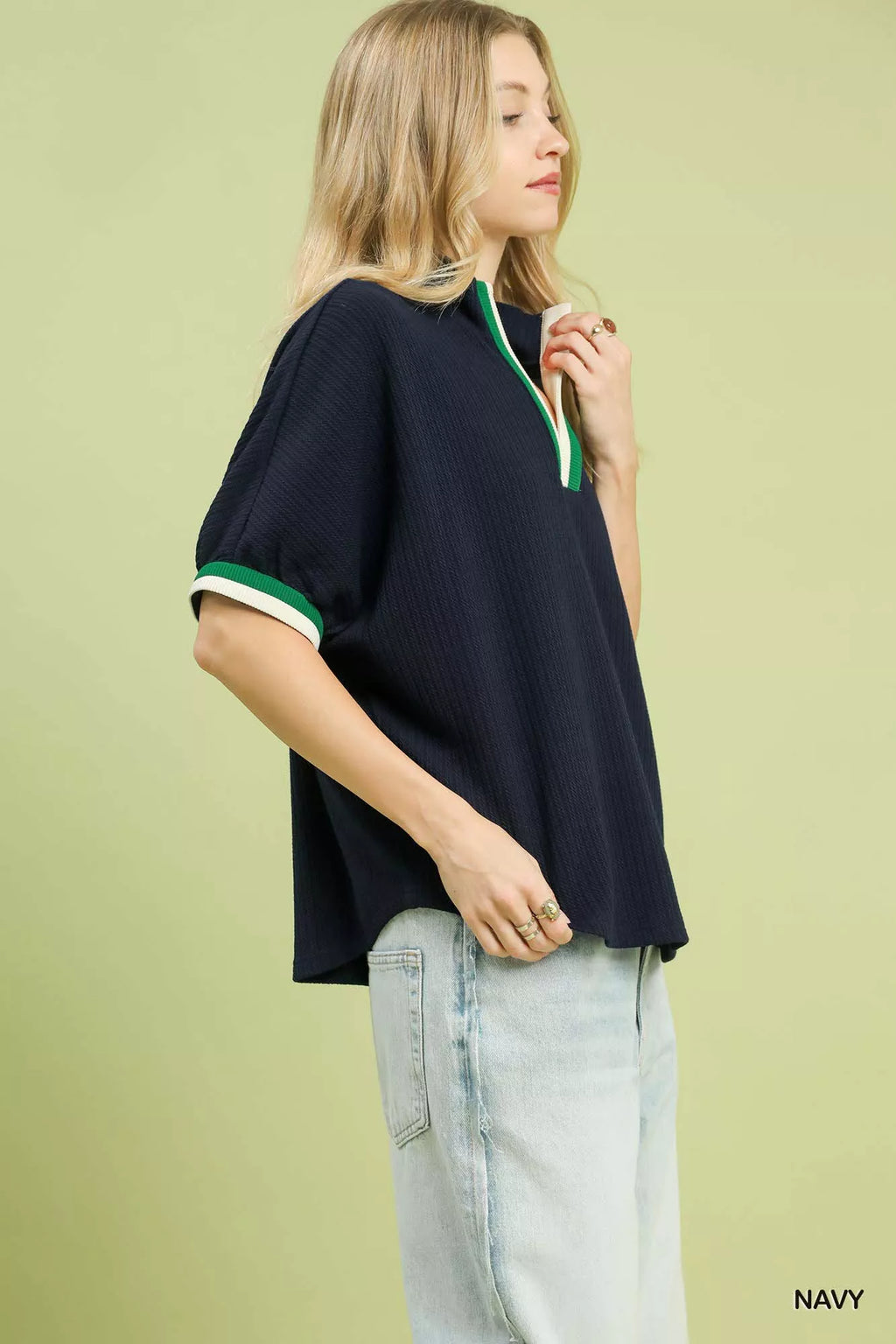 Umgee Womens Blouse Navy Textured Knit Top with Striped Contrast Trim dd7612ec-d7b1-4b1a-b48c-51234098a106-Max-Origin Trendsi