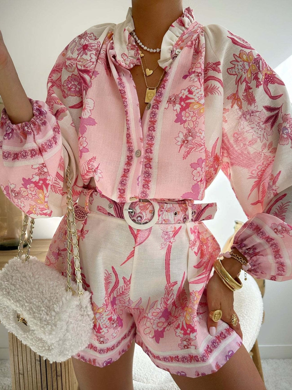 Floral Print Button-Up Shirt and Shorts Two-Piece Set