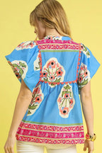 Umgee Blouse Sky Blue Floral Notched Puff Short Sleeve Top dd8075a8-c300-4165-95b7-45ce5d3e917c-Max-Origin Trendsi