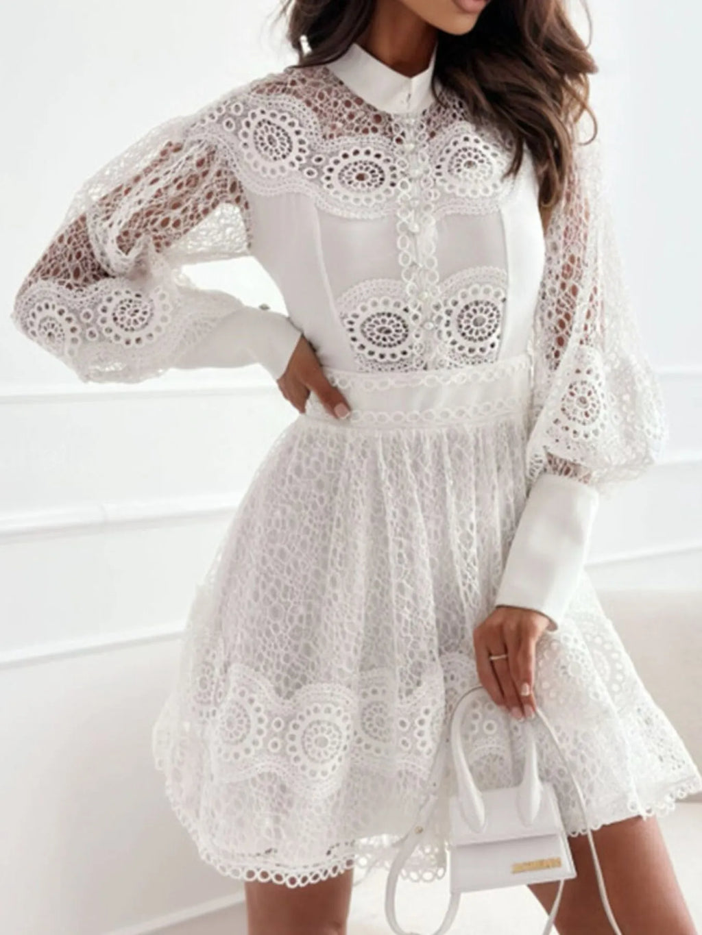 Mini Dress Floral Lace Lantern Long Sleeve Pearl Button High Neck Ruffled dd8b25ab-3571-4cc7-b4d2-917b4ed83024-Max-Origin Trendsi