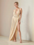 Cover-Up Dress Hollow Out Halter Neck Backless Sexy Side Slit Knit Tan dd9a5165-098c-4044-9b00-899a3b5ee641-Max Trendsi