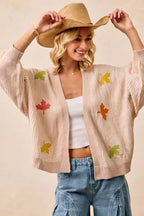 BiBi Knit Cardigan Womens Oatmeal Two Tone with Leaf Patches Open dd9de42b24574c1aa7a3f7541d056b5e-Max-Origin Trendsi
