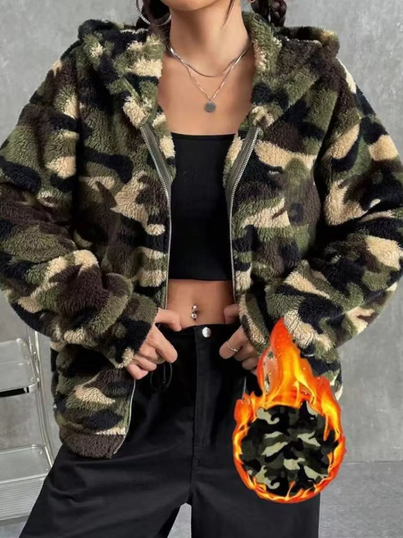 Womens Jacket Camo Print Fuzzy Zip Up Outerwear dda6b02d28d349bc99b12e0fa4d23d59-Max-Origin Trendsi