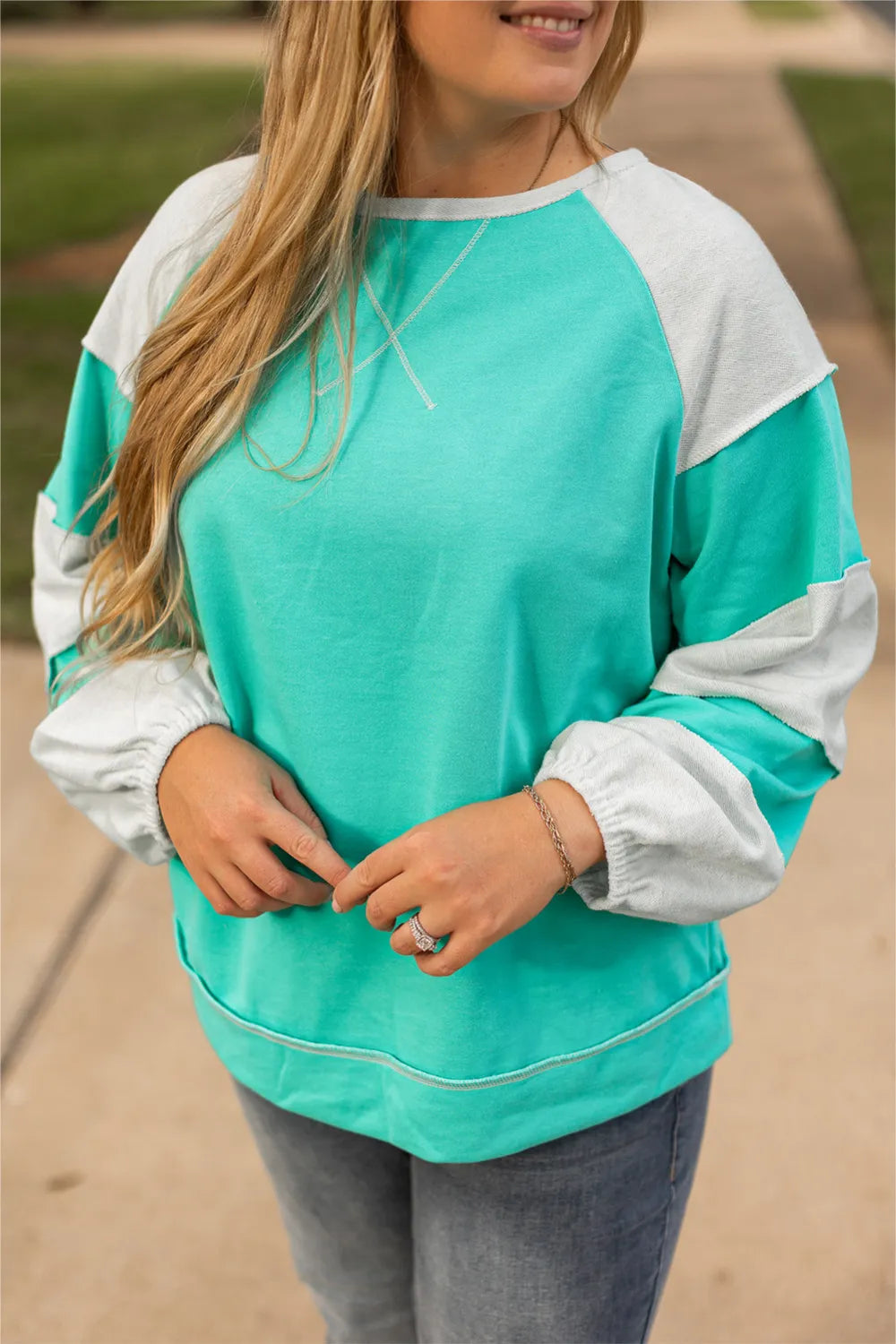 Plus Size Color Block Long Sleeve Sweatshirt with Exposed Seams