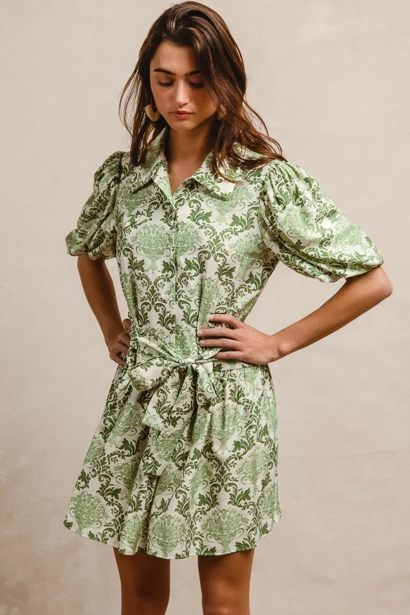 BiBi Mini Shirt Dress Green Cream Floral Bow Tied Belt Short Sleeve GREEN CREAM ddabf41de42a4093a2338ab599d5cb8d-Max-Origin Trendsi