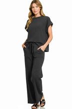 Zenana Cotton Slub Short Sleeve Tee and Pants Set