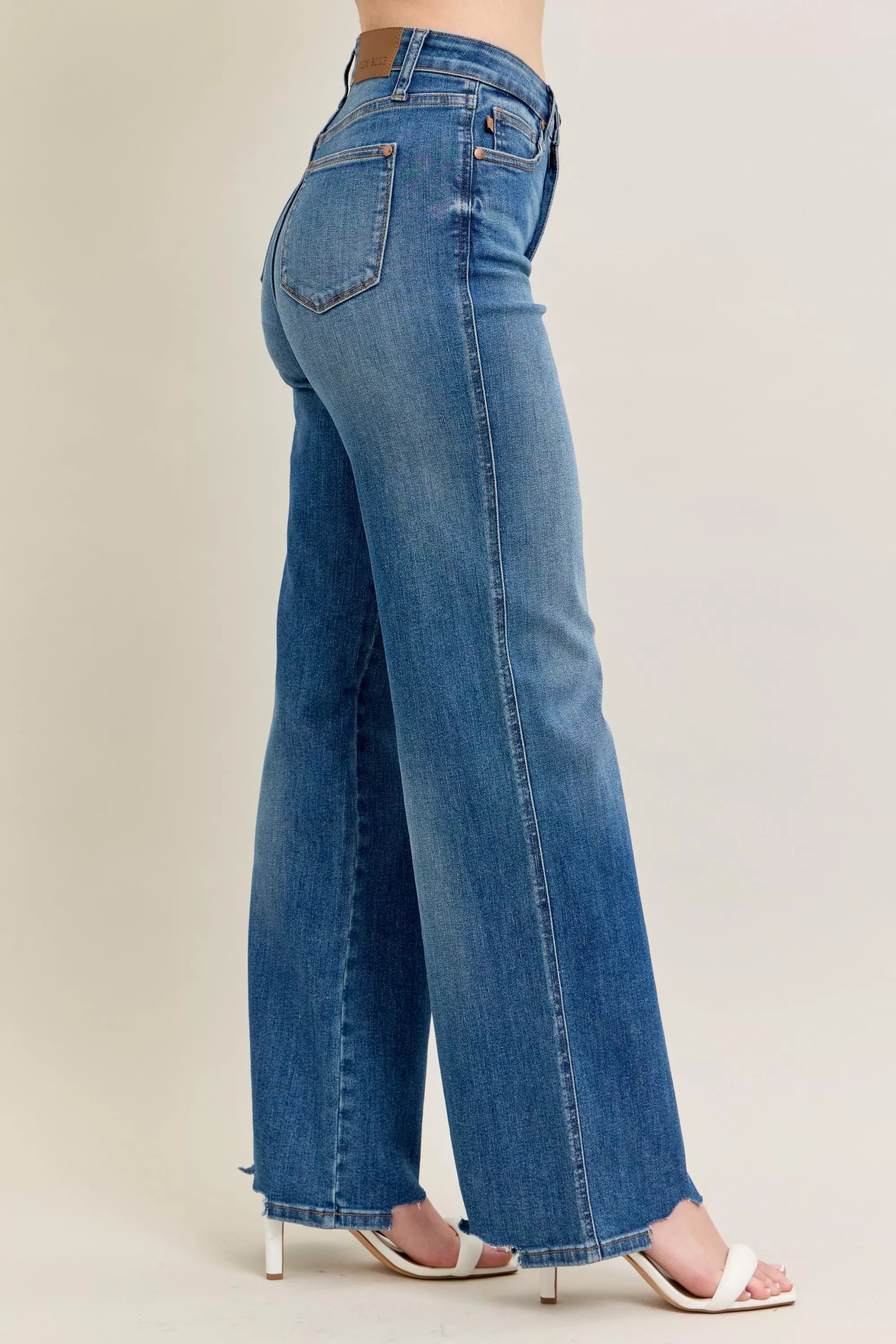 Judy Blue Jeans High Waist Tummy Control Chew Hem Destroy Wide Denims ddb364c31eed4bc6954b3cb0adf908e4-Max-Origin Trendsi