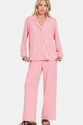 Zenana Lounge Set Pink Button Down Long Sleeve Top and Pants 2 Pcs Pink ddb8fa94-fafd-47e6-a2a4-6b457cd8eacd-Max Trendsi