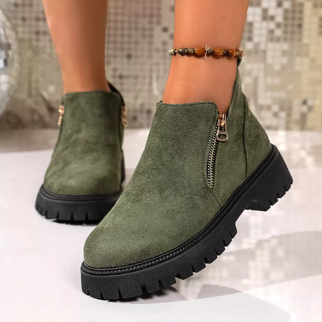 Women's Ankle Boots Faux Suede Round Toe Side Zip Mid Heels Shoes Green ddc89246f6444062a08db3fbe771a801-Max-Origin Trendsi