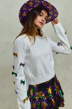 SO ME Sweater Knit Top Mardi Gras Glitter Bow Ribbon Ivory ddcbe4a5117c4695af8cad2e3ad8a99b-Max-Origin Trendsi