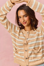 SO ME Women Sweater Cardigan Stripe White Beige Long Sleeves Buttoned ddcdb84c068f4e36b147245477a7711d-Max-Origin Trendsi