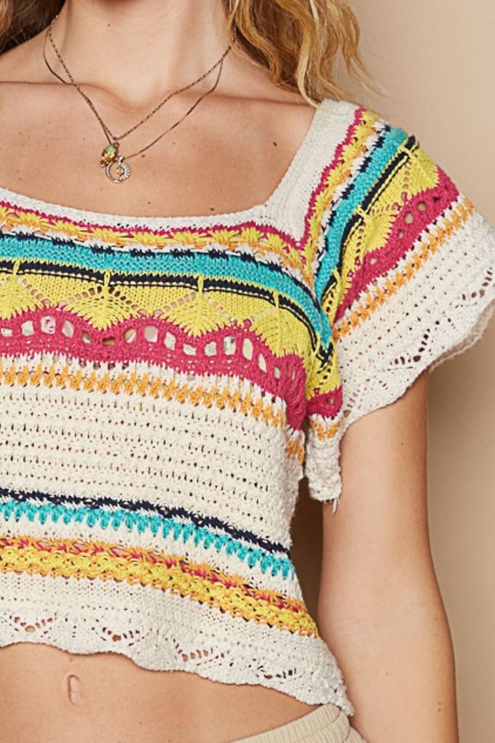 POL Openwork Knit Top Ethnic Pattern Colorful Square Neck Cropped T-shirt