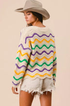 BiBi Womens Sweater Mardi Gras Wavy Stripes V-Neck Open Knit Pullover ddceb9acc188418e9306057efe030661-Max-Origin Trendsi