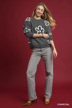 Umgee Sweater Gray Knit Round Neck with Floral Accents Pullover ddd7e005-3c78-4fc7-a038-eca6e3412cf5-Max-Origin Trendsi