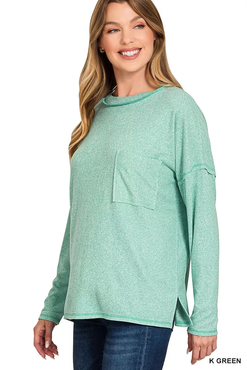 Zenana Womens T-Shirt Green Soft Melange Hacci Round-Neck Long Sleeve ddda0349c04a4bf4a486d339c076ad59-Max-Origin Trendsi