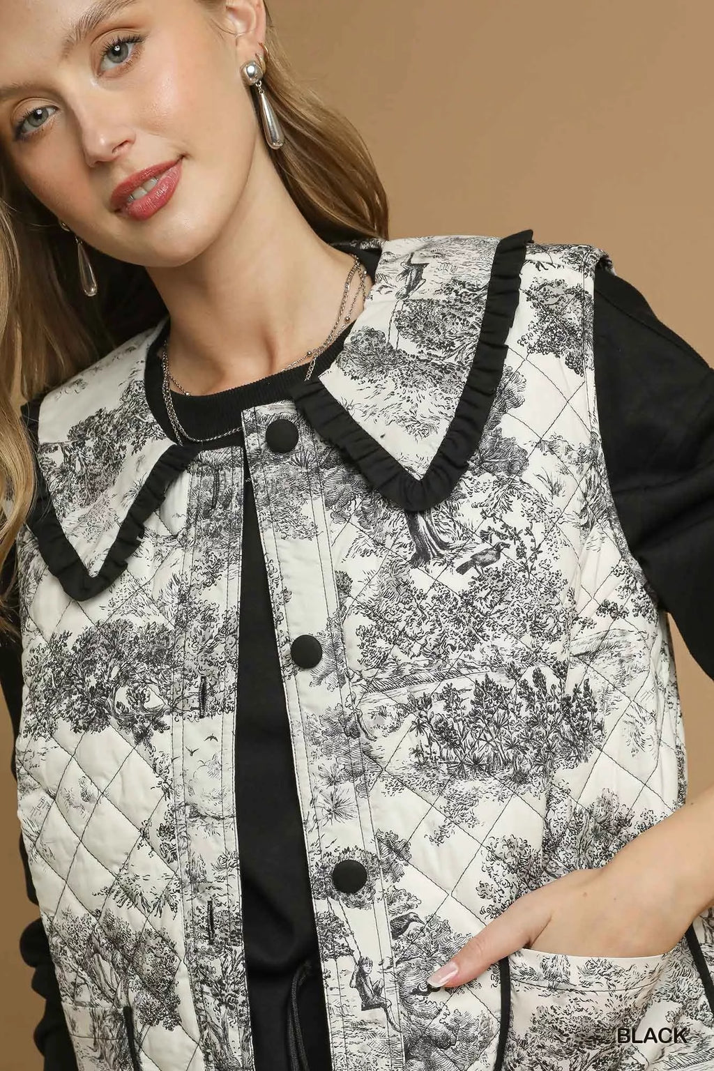 Umgee Womens Quilted Vest Black Toile with Ruffle Collar Outwear dde40256-783c-4722-90a1-e6152a8f5f5c-Max-Origin Trendsi