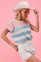 BiBi Women's Knit Top Striped Lightweight Short Sleeve Red Blue Sweater ddf1bc88b68744b9a2115d85ef2d93c5-Max-Origin Trendsi