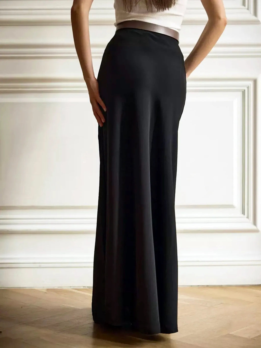 Satin Maxi Skirt High-Waisted Back Zip Black White Solid Basic Style ddf320859989448b893cded9bb9844d2-Max-Origin Trendsi