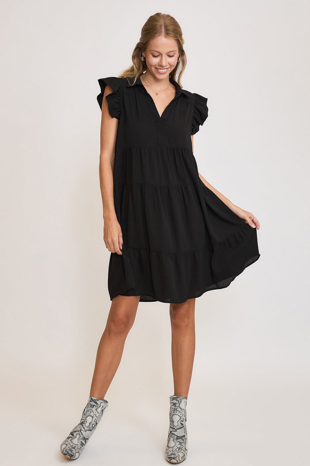 Umgee Mini Dress Black Ruffle Cap Sleeve Johnny Collar Tiered ddf643f8-e35f-46af-ad0f-94370c0ca711-Max Trendsi