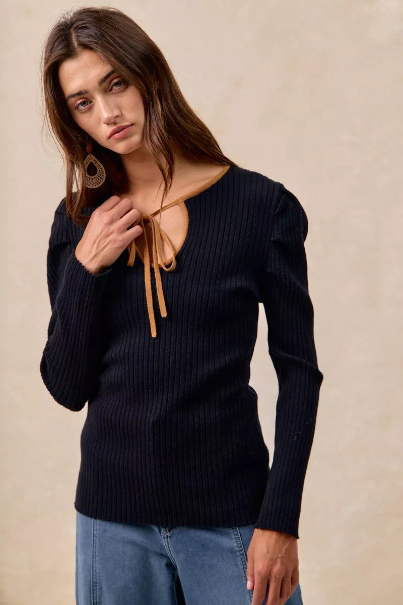 BiBi Womens Knit Top Black Ribbed Camel Contrast Front Tied Top with Shrried ddfbb40072cf44f4adcd6dca58809536-Max-Origin Trendsi