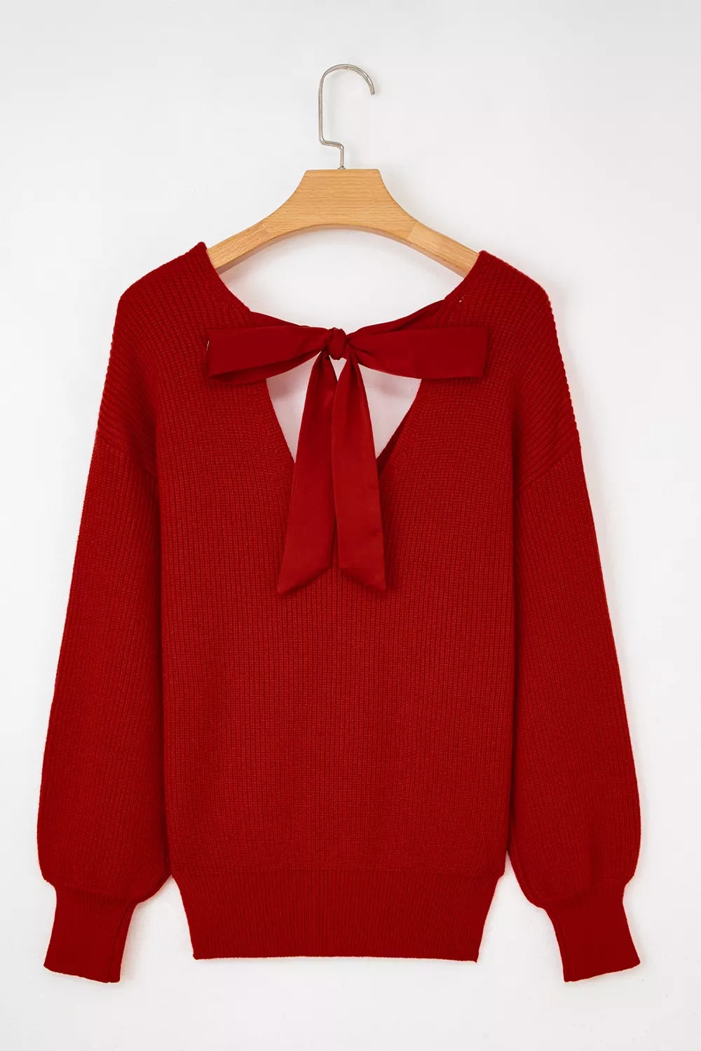 Womens Sweater Bow Knot Back Burgundy Red Lantern Sleeve V Neck Pullover ddfd5500-a5ed-4c8d-891d-8db511a2ec1a-Max-Origin Trendsi