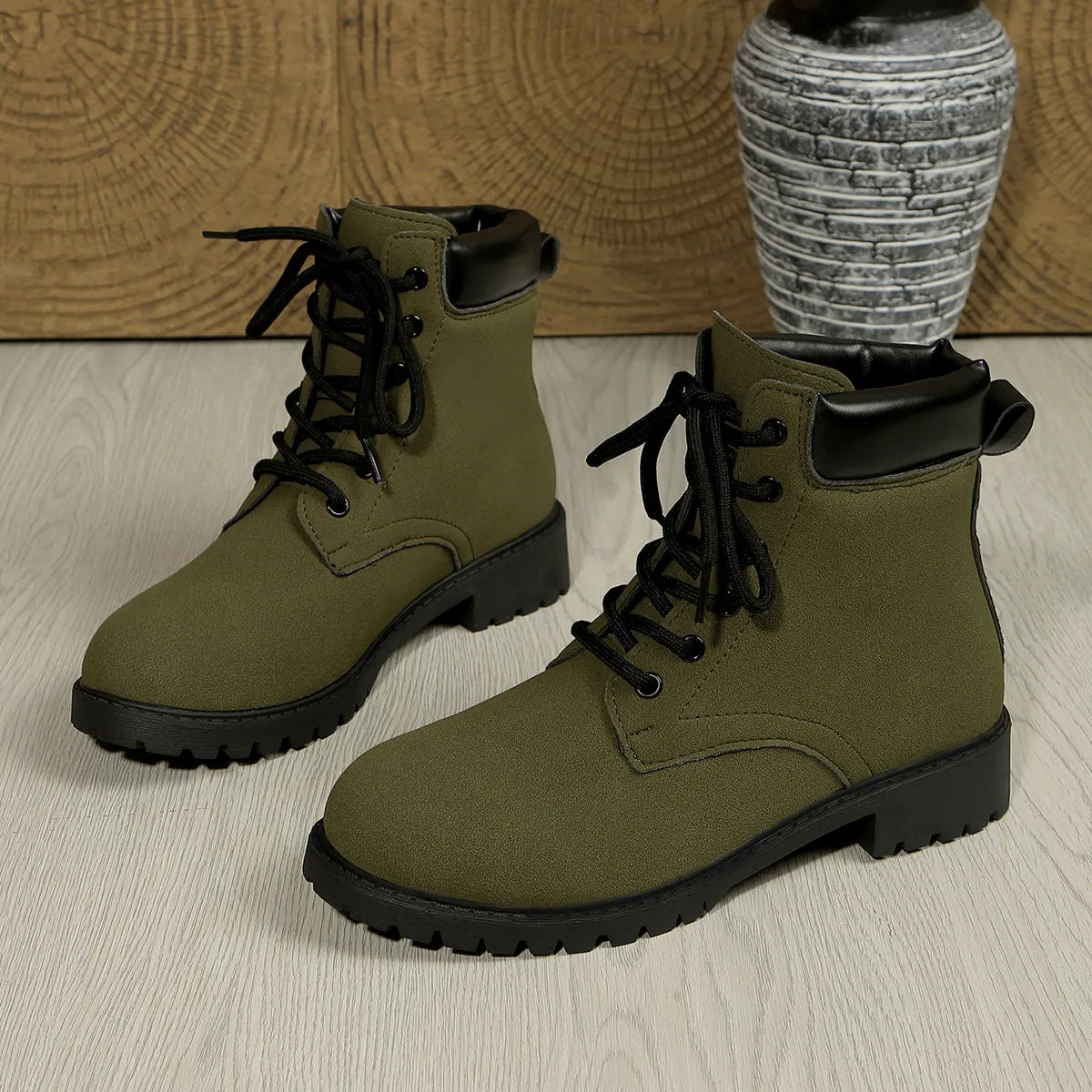 Women's Boots Suede Lace Up Block Low Heel Shoes Army Green de0ed35bf0684301be7cc3f5b3b4d175-Max-Origin Trendsi