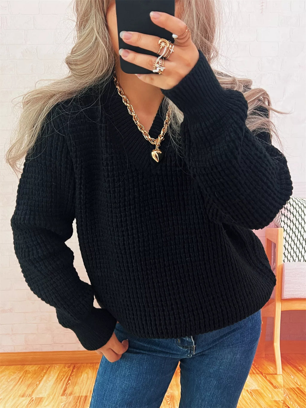 Women's Sweater V-Neck Textured Knit Loose Pullover de1b7fb5a90e41b5ac1acd22afccf9b5-Max-Origin Trendsi