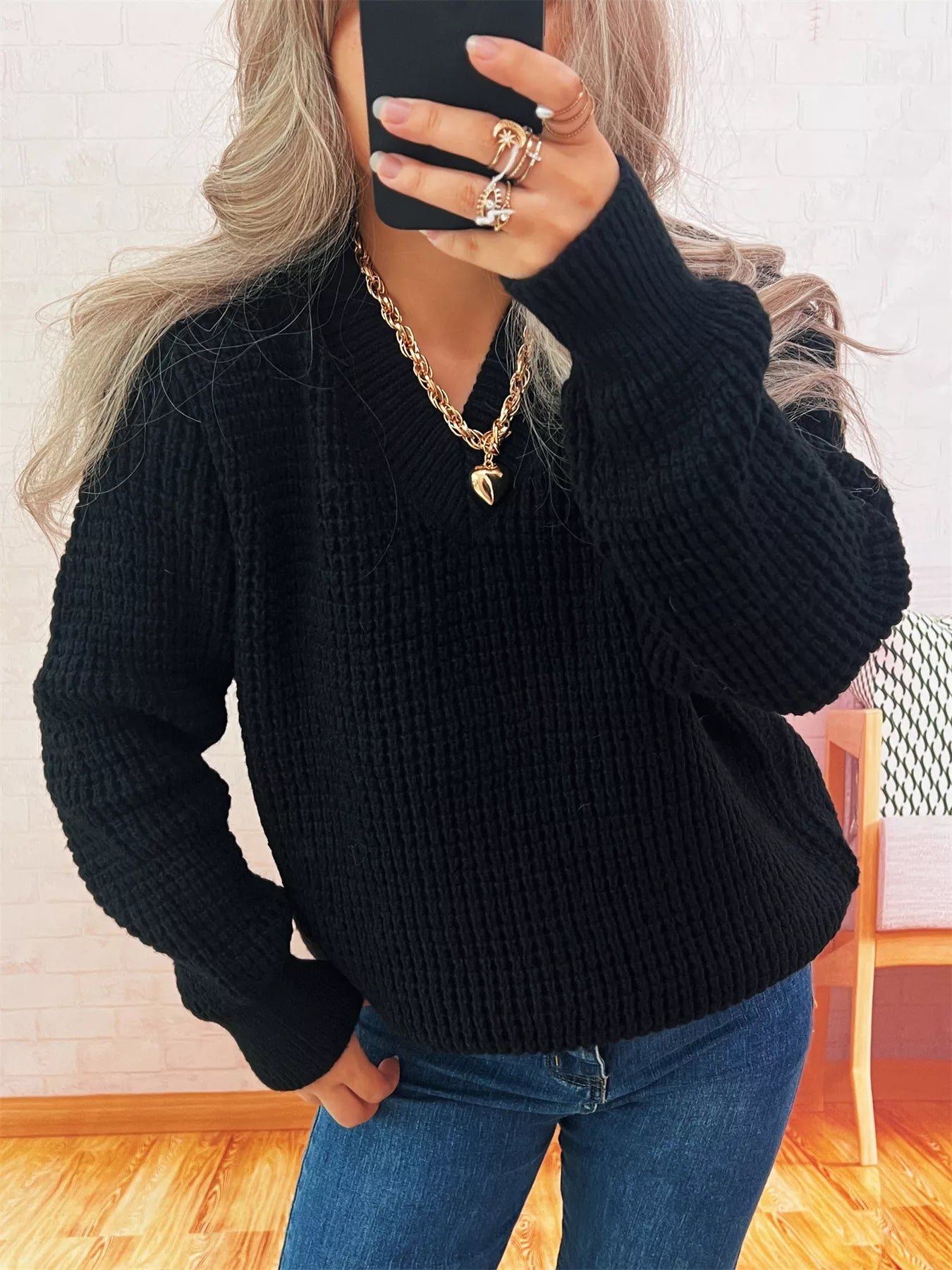 Women's Sweater V-Neck Textured Knit Loose Pullover de1b7fb5a90e41b5ac1acd22afccf9b5-Max-Origin Trendsi