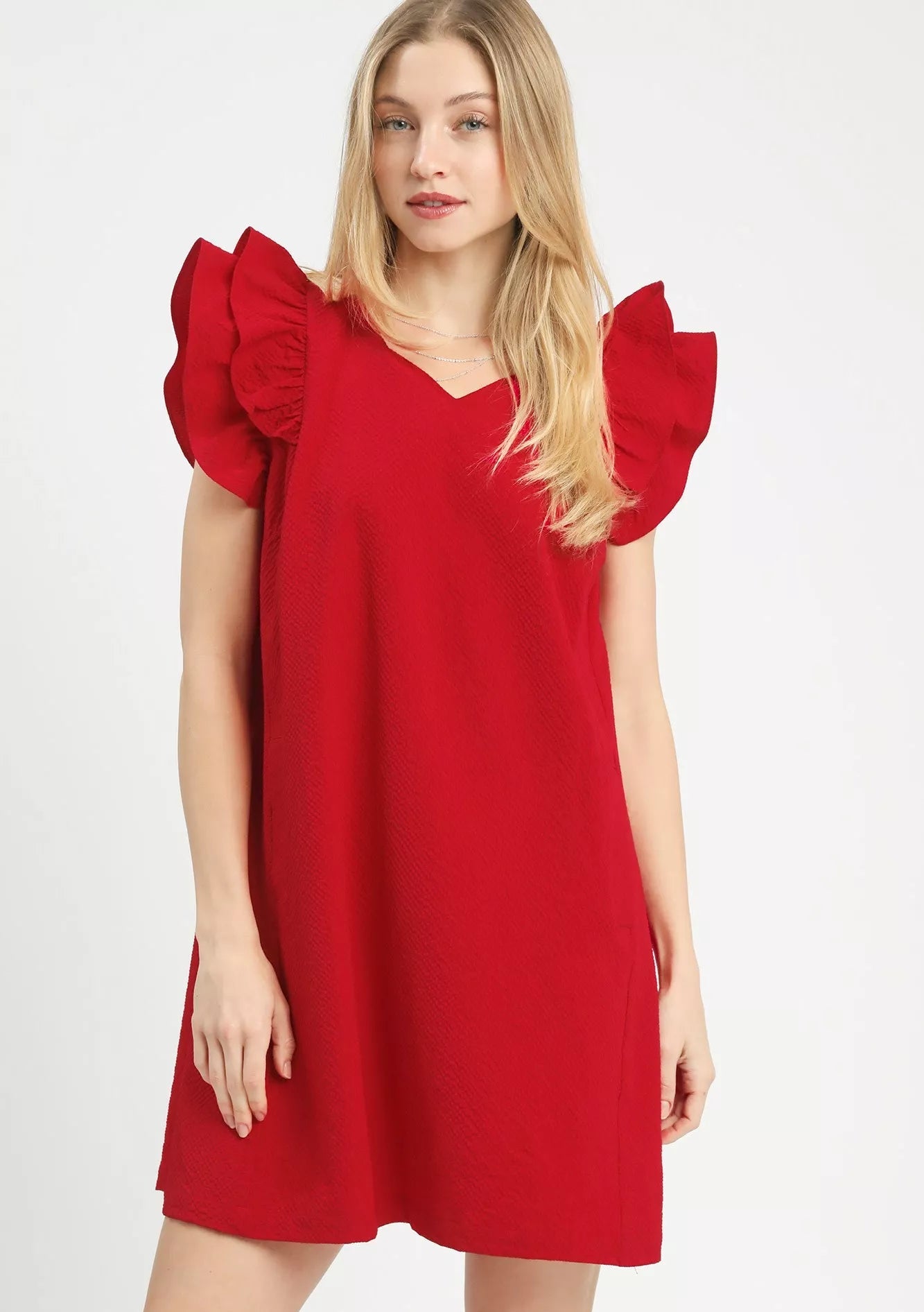 Umgee Shift Dress Red Seersucker Ruffle Short Sleeve Red de244a77-2fd2-4386-8d3e-4641edd9e920-Max-Origin Trendsi