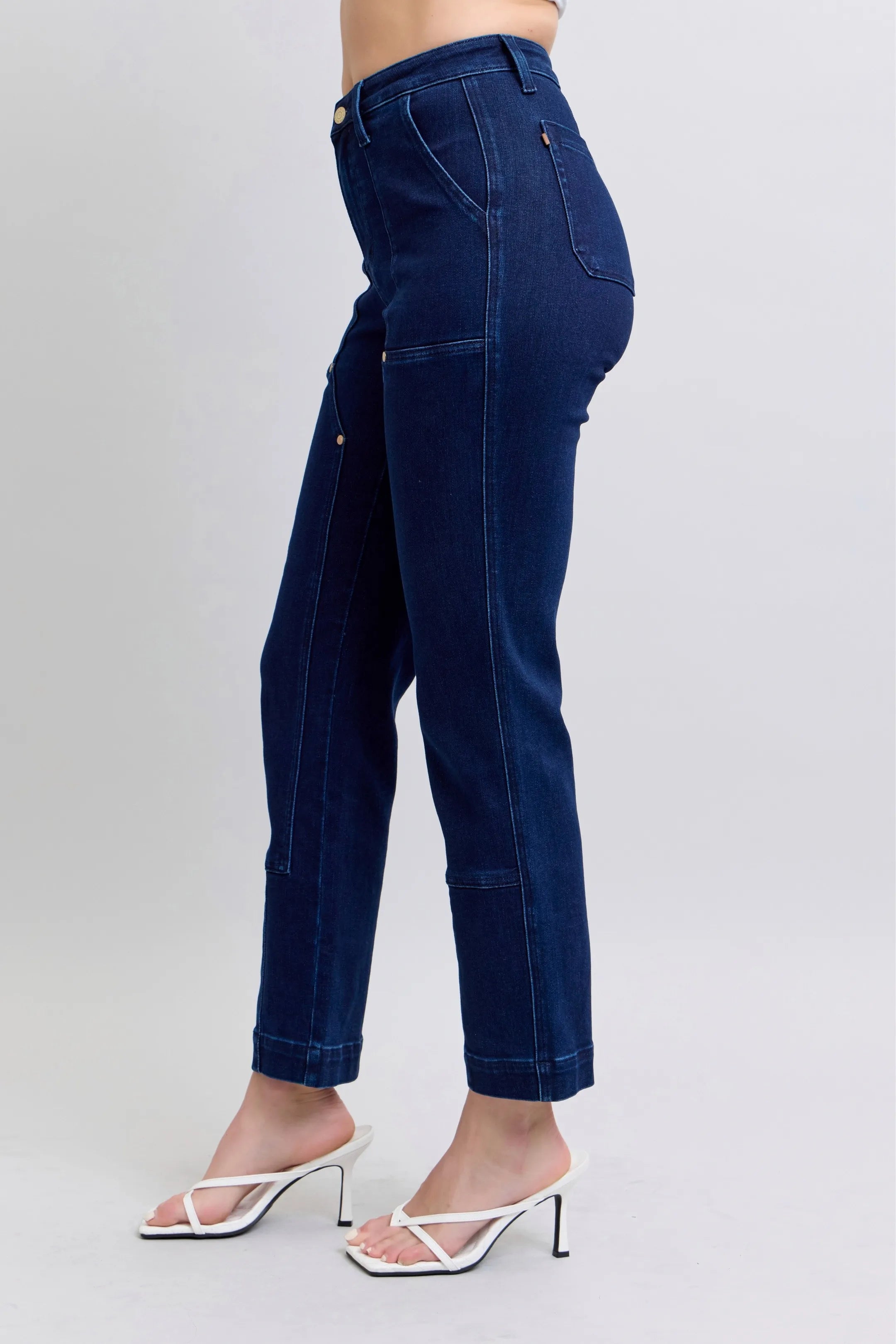 Judy Blue Straight Jeans High Waist Rivet Work Wear Knee Patch Dark Wash de29d62b6f95427fbab0cd60dcd7966b-Max-Origin Trendsi