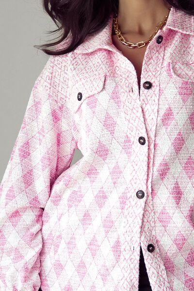 Women's Shacket Pink Geometric Print Textured Flap Pockets Long Sleeve Outwear de3245b9-8c7b-424b-be3b-cc551ca81c5a-Min Trendsi