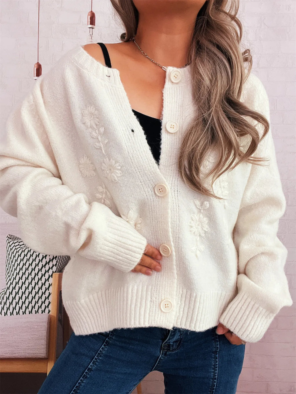 Women's Cardigan Flower Embroidered Button Up Ribbed Hem Round Neck White One Size-Regular de32a8aa32dd49429bcfa14f5bd47841-Max-Origin Trendsi