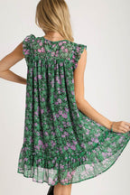 Umgee Ruffle Dress Smocked Dark Green Floral Metallic Print Short Sleeve S-2XL de37ad75-2c48-466f-a328-a4ce4445e570-Max Trendsi