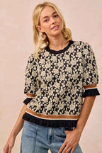BiBi Women Knit Top Textured Rose Black Gray Contrast Banded Puff Sleeve de3faab3-94d1-46be-a7f3-c2229a837699-Max-Origin Trendsi