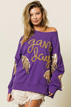 BiBi Womens Sweatshirt Sequin Football Patches Game Day Purple Top de425e9a0bc44fd6a1660fb2e60eacc7-Max-Origin Trendsi