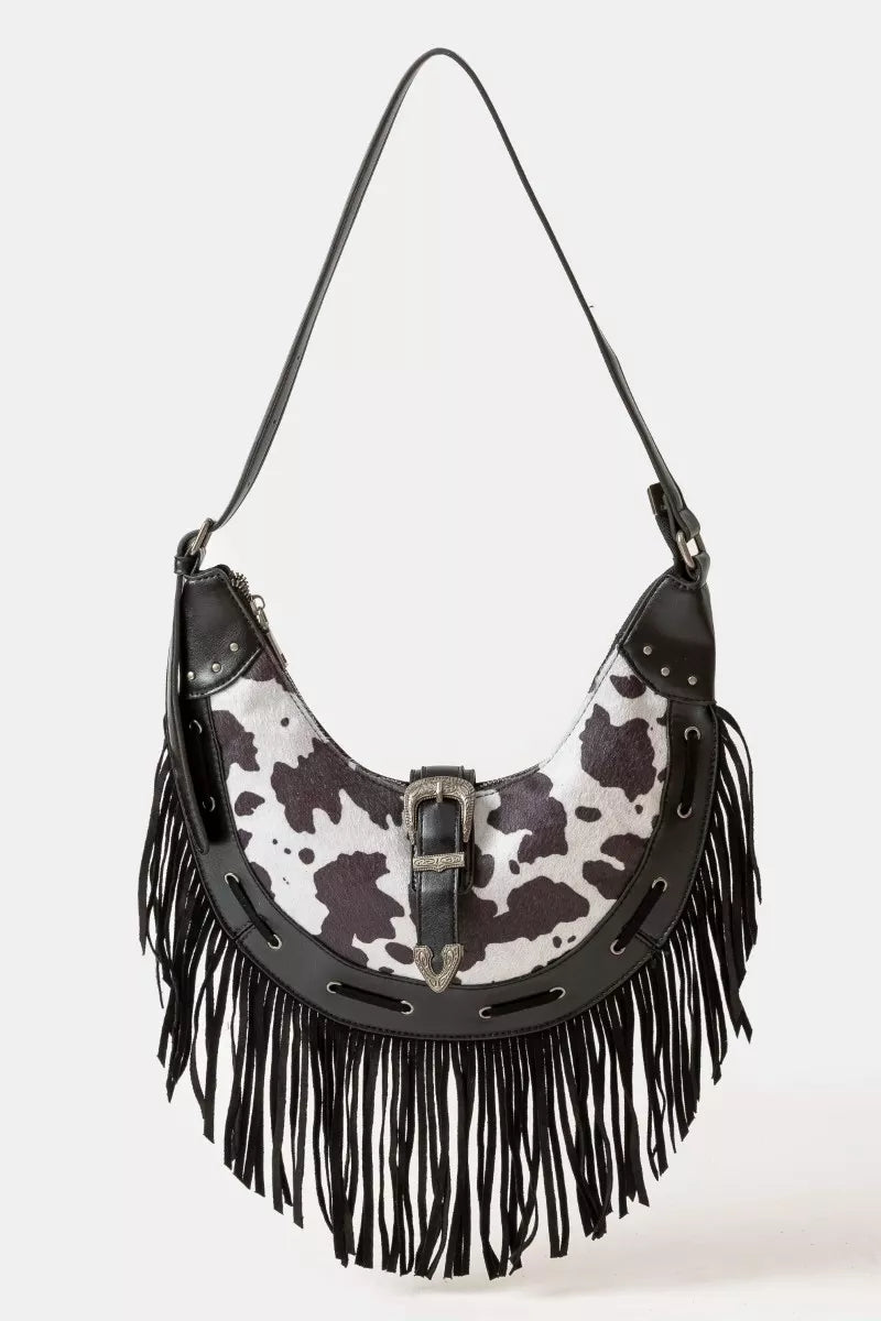 Fame Accessories Hobo Bag Cow Print Faux Leather Fringe Medium BW one size de44ac97fb3d4b4bbb0684dfa28da5b1-Max-Origin Trendsi