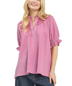 Umgee Textured Henley Blouse with Ruffle Cuffs