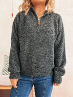 Women's Sweater Quarter Zip Hooded Ribbed Hem Long Sleeve Knitwear de4bbf01749b4467afb4da9b36cc8599-Max-Origin Trendsi