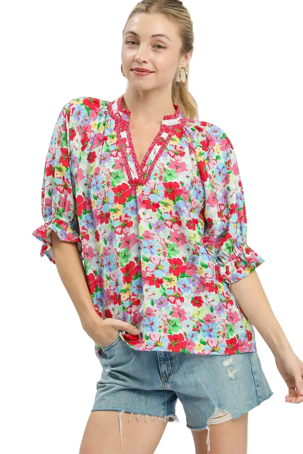 Umgee Mixed Floral Print Ruffle Top