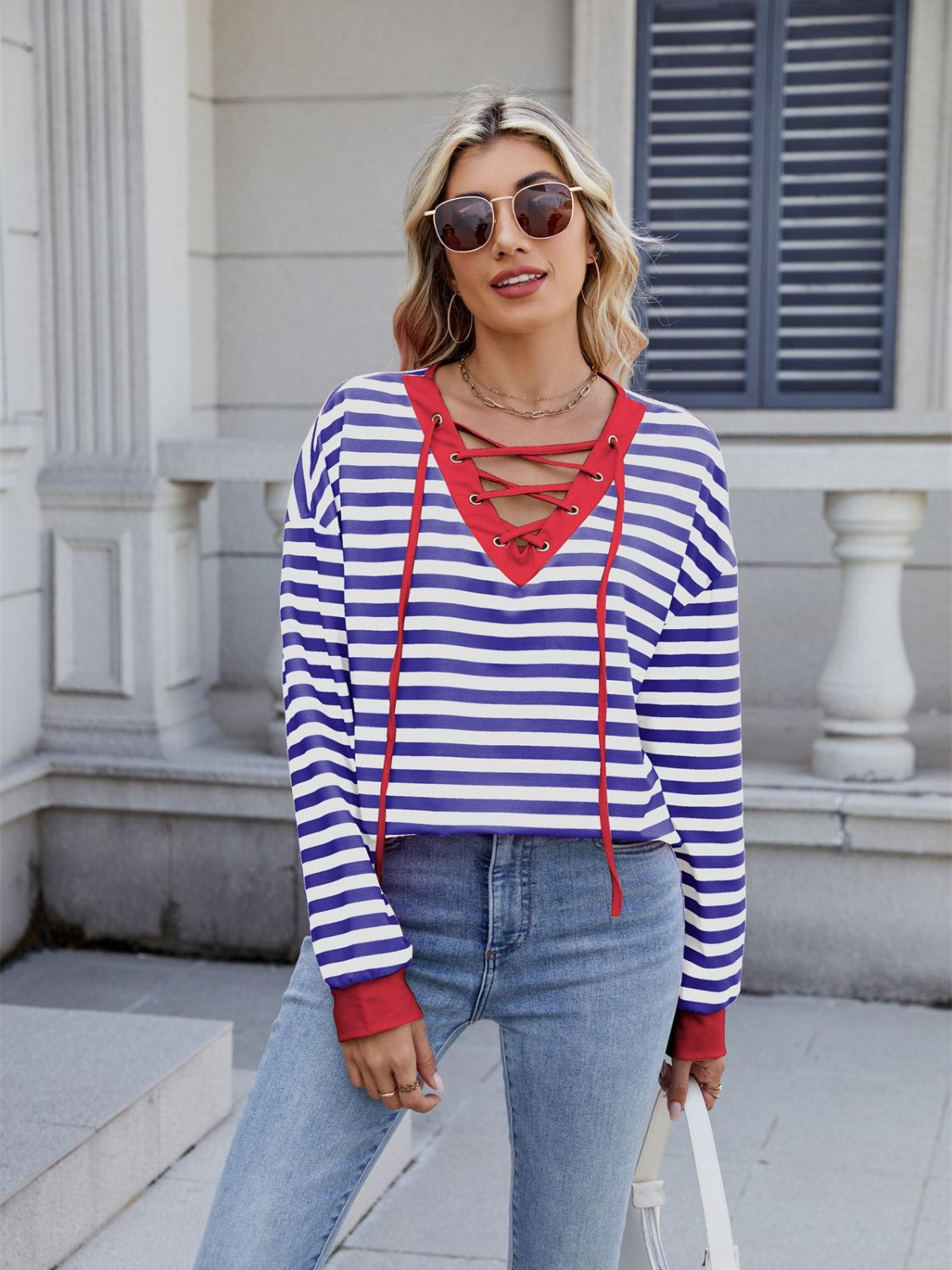 Striped T-Shirt Lace-Up Crisscross V Neck Long Sleeve Blouse Top de56ea80-a542-45b9-bacc-8b31885e44e2-Max Trendsi