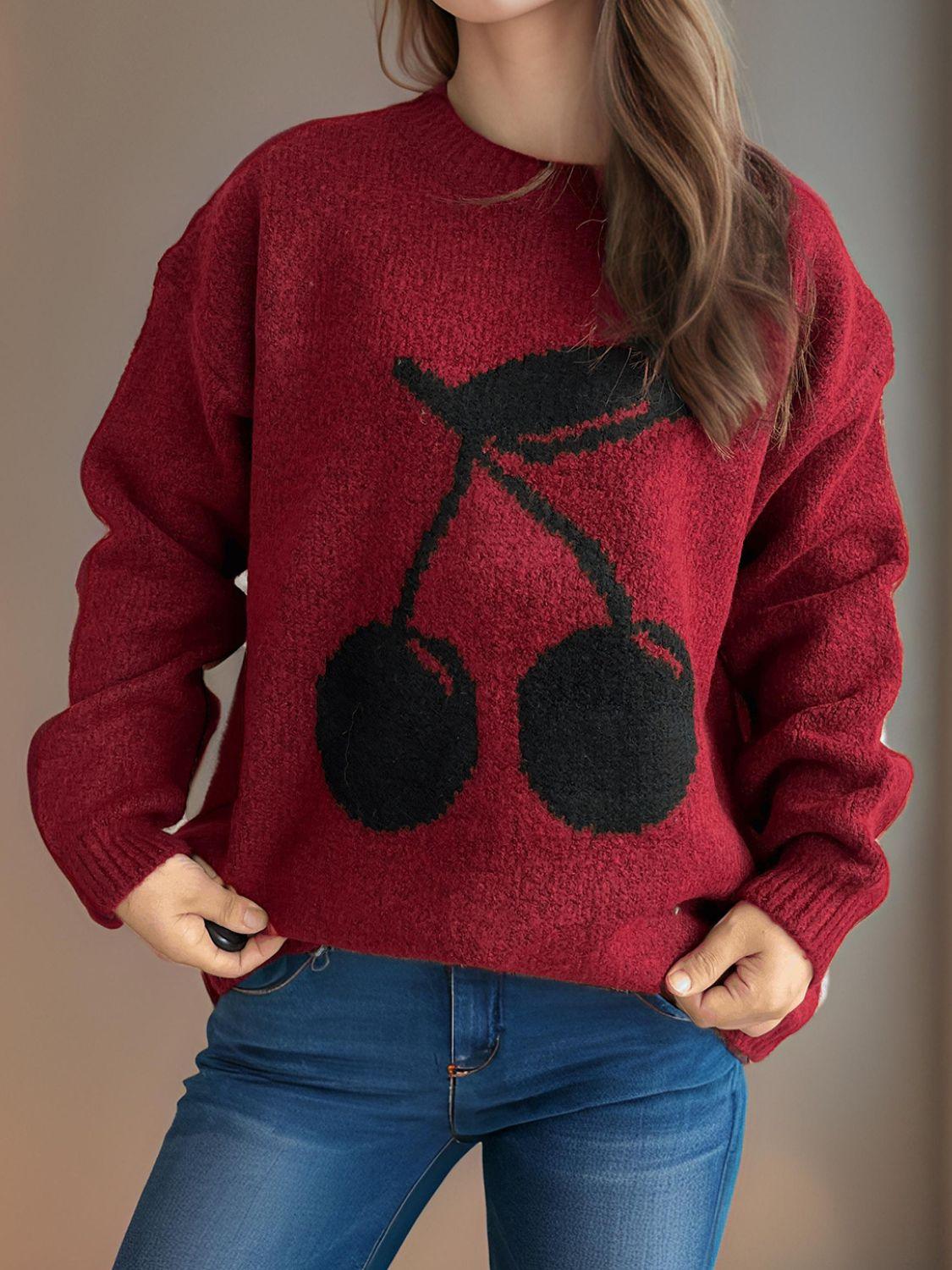 Cherry Sweater Round Neck Long Sleeve Casual Basic Knitwear de5bdacf-9bb4-4443-ba27-d34e18e2784e-Max Trendsi